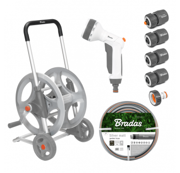 Bradas Wózek metalowy z wężem 1/2" 20m i akcesoriami silver pro set
